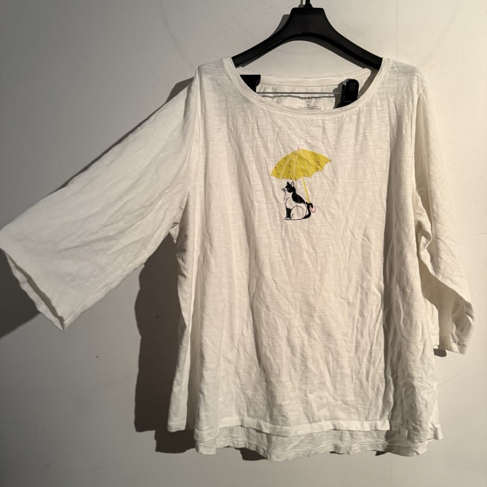 TALBOTS Shirt‎ Plus Size 2X White Cat Embroidered Umbrella Travel